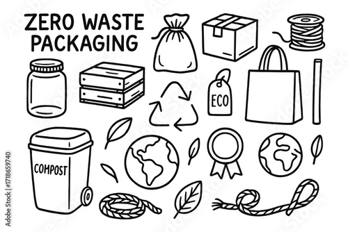 Zero Waste Icons. Zero waste packaging. Hand-drawn doodle illustration zero waste packaging reusable jar, cloth bag, cardboard box, string, wooden crate, eco