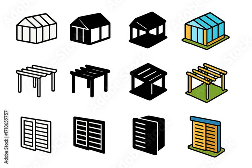 Seasonal Icon Set. Icon Set of Seasonal use: sunroom, open pergola, sliding shutters. Icons set in vector style, emblematic variations. Sunroom line, sunroom