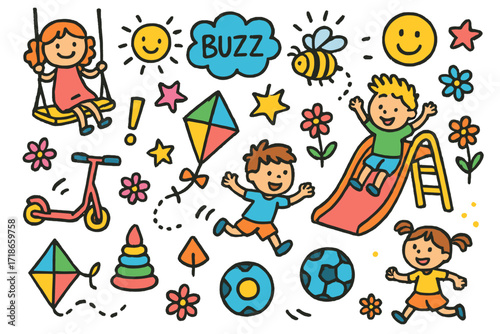 Vibrant Playground Chaos. Colorful Hand-drawn doodle Children illustration Playground Buzz kids playing, slide, swing, ball, shout bubble, sun, bee, smiley