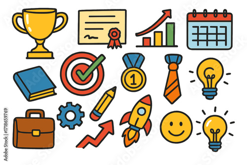 Achievement Symbols Doodle. Colorful Hand-drawn doodle Children illustration Professional Achievement trophy, certificate, rising