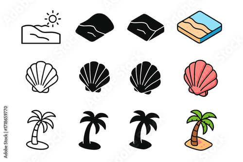 Beach Icon Set. Icon Set of Beach Landscapes and Coastal Beauty Shoreline: Sandy beach, Seashell, Palm tree. Icons set in vector style, emblematic variations.