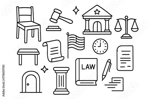 Judicial Doodle Icons. Hand-drawn doodle illustration Empty trial room [empty chair, gavel, courthouse building, scales of justice