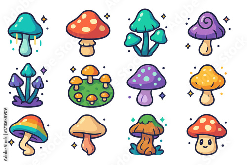 Fantasy Mushroom Icons. Colorful isometric vector icons set of fantasy and magical mushrooms: glowing mushroom, oversized toadstool, bioluminescent fungi,