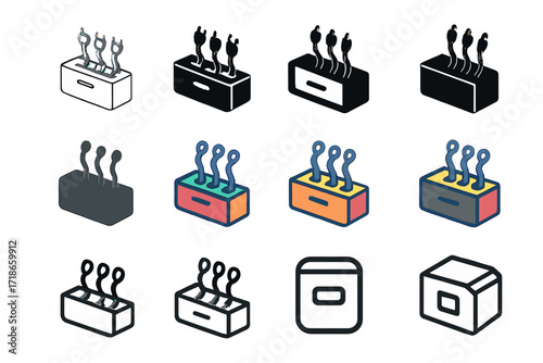 Organized Cable Logo. Set Logo of Arranging office cables neatly: Cable management box. Logo set in vector style, emblematic variations. line, bold thick line,