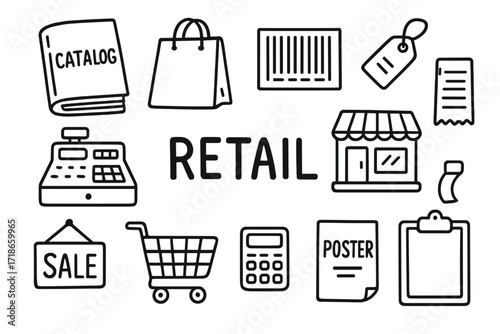 Retail Doodle Icons. Retail. Hand-drawn doodle illustration catalog, shopping bag, barcode, cash register, price tag, receipt, store building, cart,
