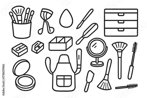 Makeup Tools Doodle. Hand-drawn doodle illustration makeup tools and organizers brush set, eyelash curler, beauty blender, storage drawer, lip brush, tweezer,