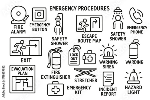 Emergency Procedures Icons. Hand-drawn doodle illustration emergency procedures in production fire alarm, emergency button, safety shower, emergency phone,