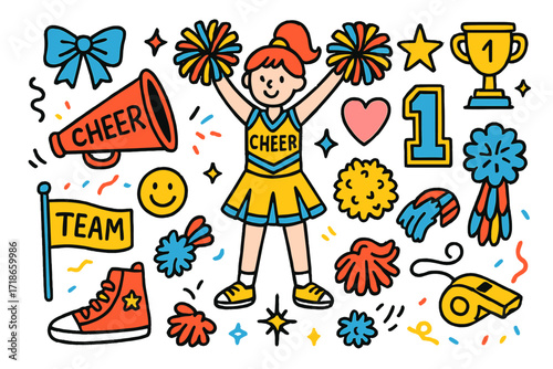 Cheer Squad Doodles. Colorful Hand-drawn doodle Children illustration Cheer squad uniforms jersey, pom-poms, cheer megaphone, bow, star, heart, smiley face,