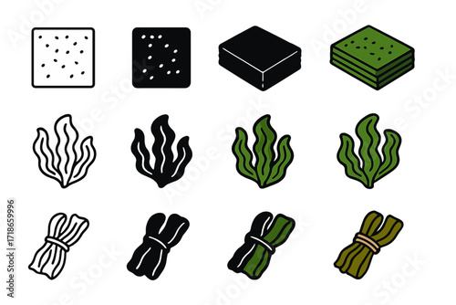 Edible Seaweed Icons. Icon Set of Edible Seaweed: Nori sheet, Wakame fronds, Kombu strips. Icons set in vector style, emblematic