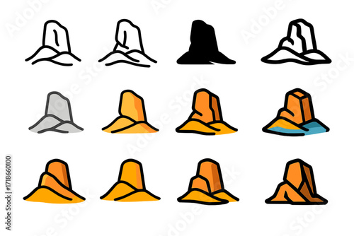 Desert Dunes Logo Collection. Set Logo of Desert Dunes: Rock formation icon. Logo set in vector style, emblematic variations. line, bold thick line, solid
