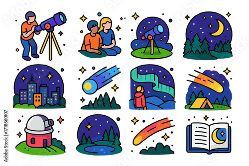 Isometric Night Sky Icons. Colorful isometric vector icons set of night sky observation scenes: person with telescope, stargazing