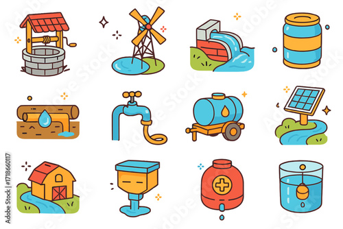 Farm Water Source Icons. Colorful isometric vector icons set of Farm water sources and supply: water well with crank, windmill-powered pump, irrigation canal