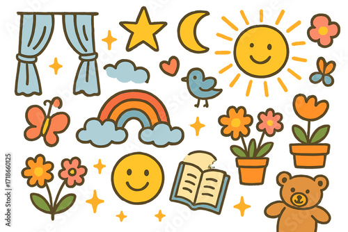 Dreamy Doodle World. Colorful Hand-drawn doodle Children illustration Dreamy Linen Curtains linen curtains, star, moon, rainbow, sun, sparkles, cloud, heart,