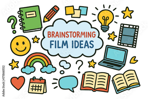 Creative Brainstorming Doodle. Colorful Hand-drawn doodle Children illustration Brainstorming film ideas thought bubble, pencil, notebook, lightbulb, happy