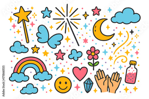 Magical Sparkle Doodles. Colorful Hand-drawn doodle Children illustration Magical Sparkle Moments fairy wand, sparkler, stars, clouds, moon, wings, sparkle