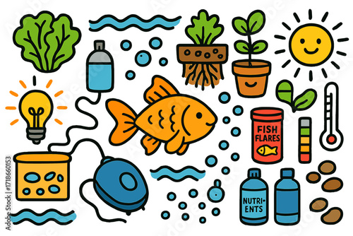 Aquatic Harmony Doodles. Colorful Hand-drawn doodle Children illustration Fish and plant harmony goldfish, lettuce, water waves, air pump, smiling plant, fish