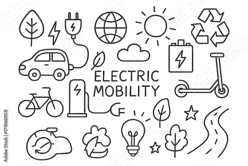 Electric Mobility Doodles. Hand-drawn doodle illustration Electric mobility [electric car, charging station, plug, battery,