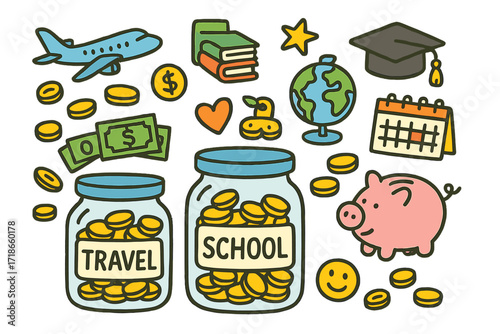 Goal Money Jars. Colorful Hand-drawn doodle Children illustration Money Jars for Goals jar labeled travel, jar labeled school, coins, dollar bills, airplane,