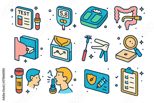 Routine Health Screenings Icons. Colorful isometric vector icons set of routine health screenings: cholesterol test kit, blood