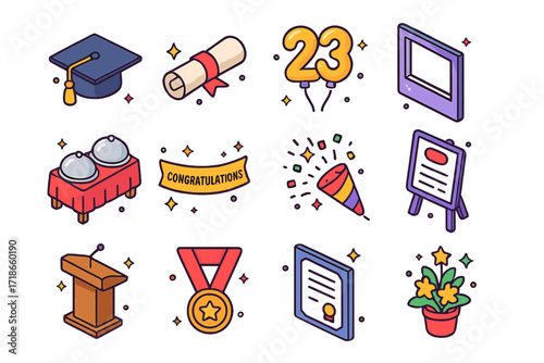 Graduation Party Icons. Colorful isometric vector icons set of Graduation Party Setup: graduation cap, diploma scroll, class year