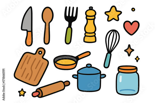 Colorful Kitchen Doodles. Kitchen tools. Colorful Hand-drawn doodle Children illustration knife, spoon, fork, pepper grinder, cutting board, whisk, rolling