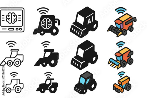 Future Farming Icons. Icon Set of Future Farming: AI control hub, Autonomous combine, Self-driving seed planter. Icons set in vector style,