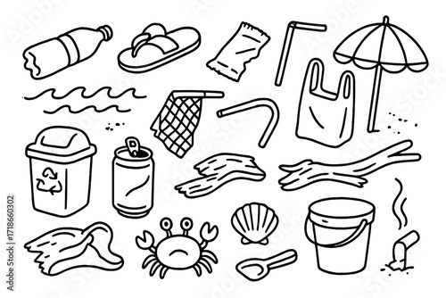 Beach Plastic Waste. Hand-drawn doodle illustration plastic waste on beach plastic bottle, broken flip-flop, soda can, food