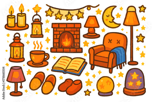 Cozy Evening Doodle. Colorful Hand-drawn doodle Children illustration Cozy evening lighting [candles, lantern, fairy lights, fireplace glow, table lamp, floor