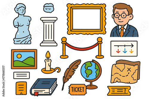 Children's Art Exhibit. Colorful Hand-drawn doodle Children illustration Classical Art Exhibit statue, gold frame, marble column, velvet rope, curator,