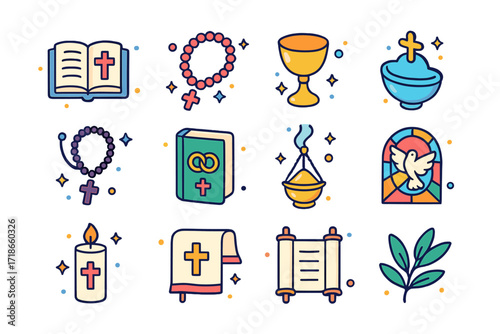 Religious Icon Set. Colorful isometric vector icons set of Religious symbols and elements: open Bible, rosary beads, golden
