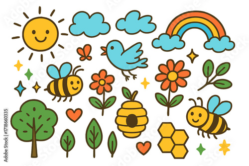 Colorful Nature Doodle. Nature and bees. Colorful Hand-drawn doodle Children illustration bee, butterfly, bird, flower, cloud, sun, leaf, rainbow, hive,