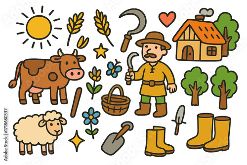 Medieval Farming Doodle. Medieval farming. Colorful Hand-drawn doodle Children illustration cow, sheep, wheat, sickle, shovel, basket, boots, cottage, flower,