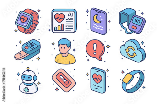 Isometric Health Tech Icons. Colorful isometric vector icons set of remote AI health monitoring: smart watch vitals, AI health