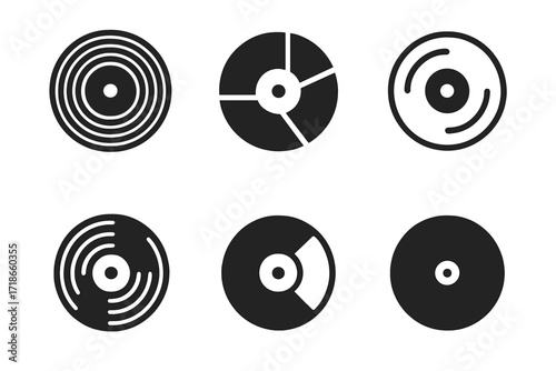 Harmonious Vinyl Logos. Music. Set Logo of Music: Vinyl record. harmonious logo variations of the same emblematic concept, each with different artistic