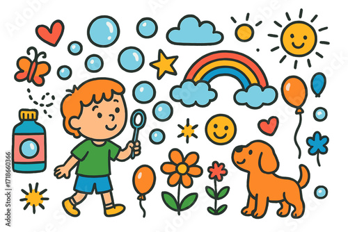 Bubble Playtime Fun. Colorful Hand-drawn doodle Children illustration Bubble Games [bubble wand, soap bottle, child, dog, bubbles,