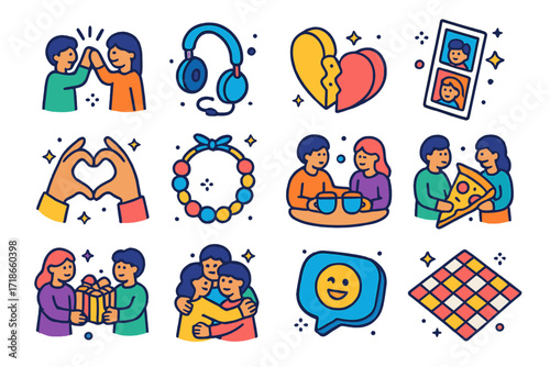 Friendship Icons Set. Colorful isometric vector icons set of friendship moments: two people high-fiving, shared headphones,