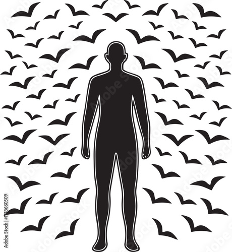Silhouette of a person surrounded by flying birds human