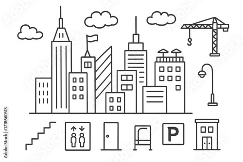 Skyscraper Cityscape Doodle. Hand-drawn doodle illustration Skyscraper skyline city tower, antenna, flag, glass reflection, clouds, stairs, elevator icon,