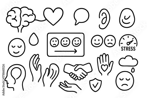 Emotional Intelligence Icons. Hand-drawn doodle illustration emotional intelligence brain icon, heart icon, dialogue bubble, empathy symbol,