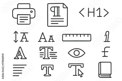 Typography Doodle Icons. Hand-drawn doodle illustration Print typography and readability print icon, paper sheet, paragraph block, heading tag, spacing icon,