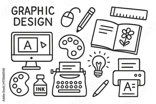 Graphic Design Elements. Graphic Design. Hand-drawn doodle illustration catalog mockup, computer screen, mouse, ruler, pencil, sketchbook, palette, typewriter,