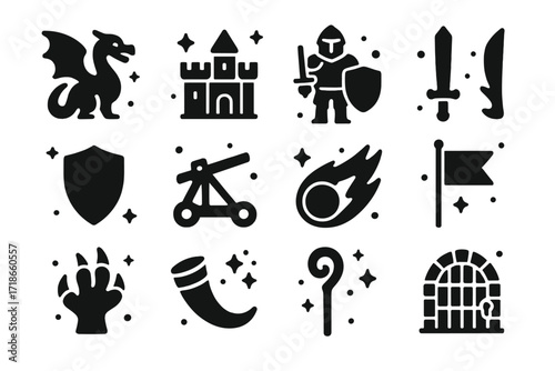 Fantasy Icon Set. Fantasy Invasion. Solid icons set of fantasy invasion: dragon, castle, knight, sword, shield, catapult, fireball, army flag, monster claw,
