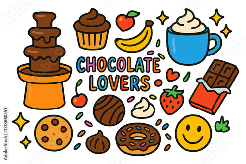 Chocolate Delight Doodles. Colorful Hand-drawn doodle Children illustration Chocolate lovers chocolate fountain, chocolate bar, hot cocoa, cupcake, truffle,
