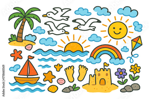 Seaside Sunrise Bliss. Colorful Hand-drawn doodle Children illustration Seagulls flying at sunrise seagulls, rising sun, clouds, ocean waves, palm tree,