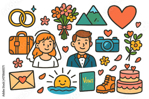 Whimsical Wedding Adventure. Colorful Hand-drawn doodle Children illustration Elopement wedding rings, bouquet, mountain, heart,