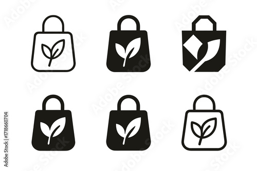 Plastic-Free Logo Designs. Plastic-free lifestyle. Set Logo of Plastic-free lifestyle: reusable shopping bag with leaves. harmonious logo variations of the