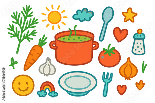 Dill Cooking Fun. Colorful Hand-drawn doodle Children illustration Dill Cooking Fun [dill sprig, soup pot, spoon, carrot, tomato, garlic, onion, star, rainbow,