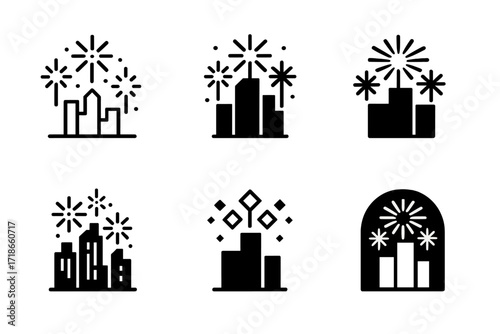 Festive City Logos. Holiday spirit in a bustling city center. Set Logo of Holiday spirit in a bustling city center: city skyline with fireworks. harmonious