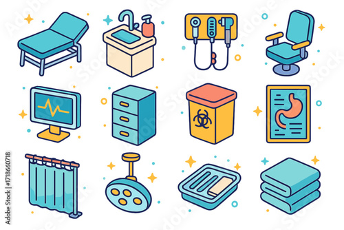 Isometric Medical Icons. Colorful isometric vector icons set of medical examination room: exam table, sink with soap, wall-mounted tools, patient chair,