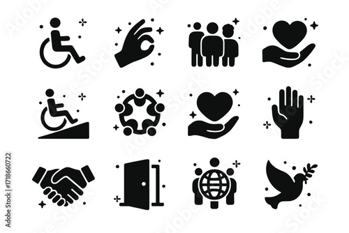 Inclusive Iconography Collection. Inclusion. Solid icons set of wheelchair symbol, sign language hand, diverse people, accessible ramp, inclusive circle,